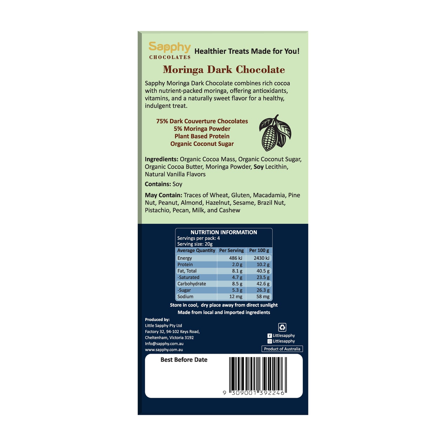 Sapphy Premium Moringa Dark Chocolate – 80g | Made with Coconut Sugar & Antioxidant-Rich Moringa