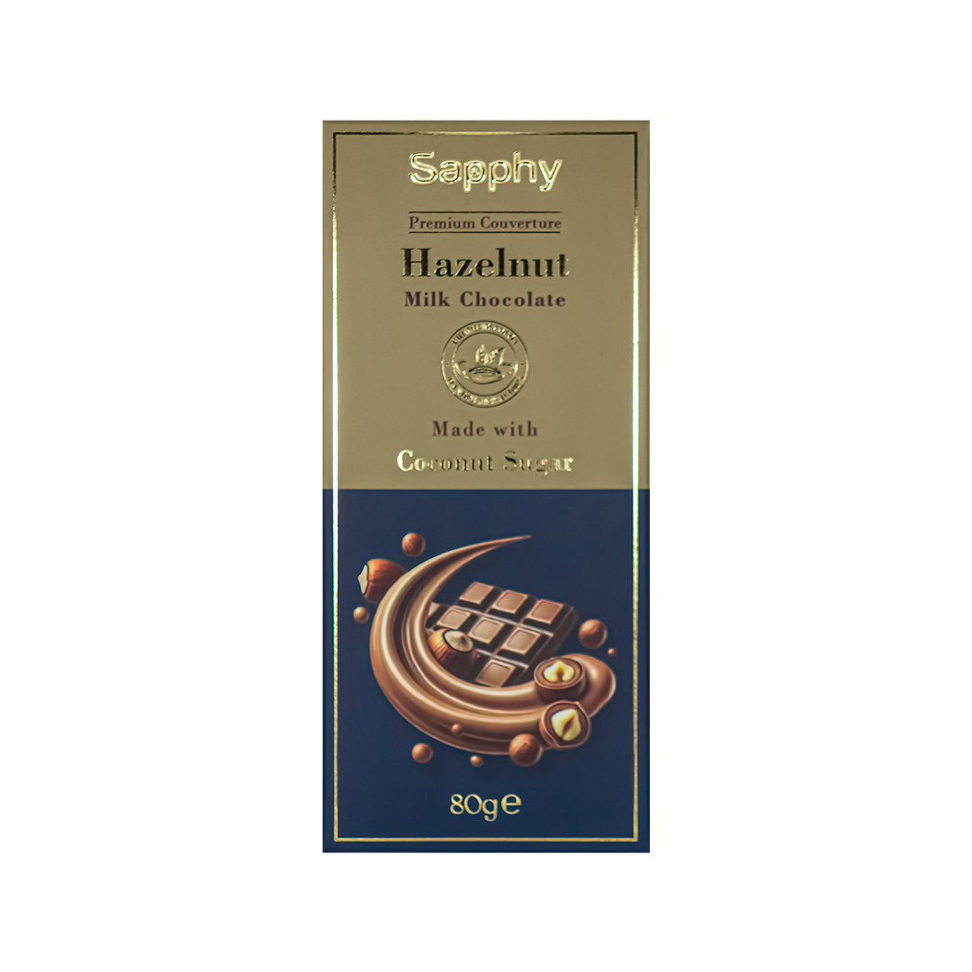 Sapphy Premium Hazelnut Milk Chocolate – 80g | Made with Coconut Sugar & Roasted Hazelnuts