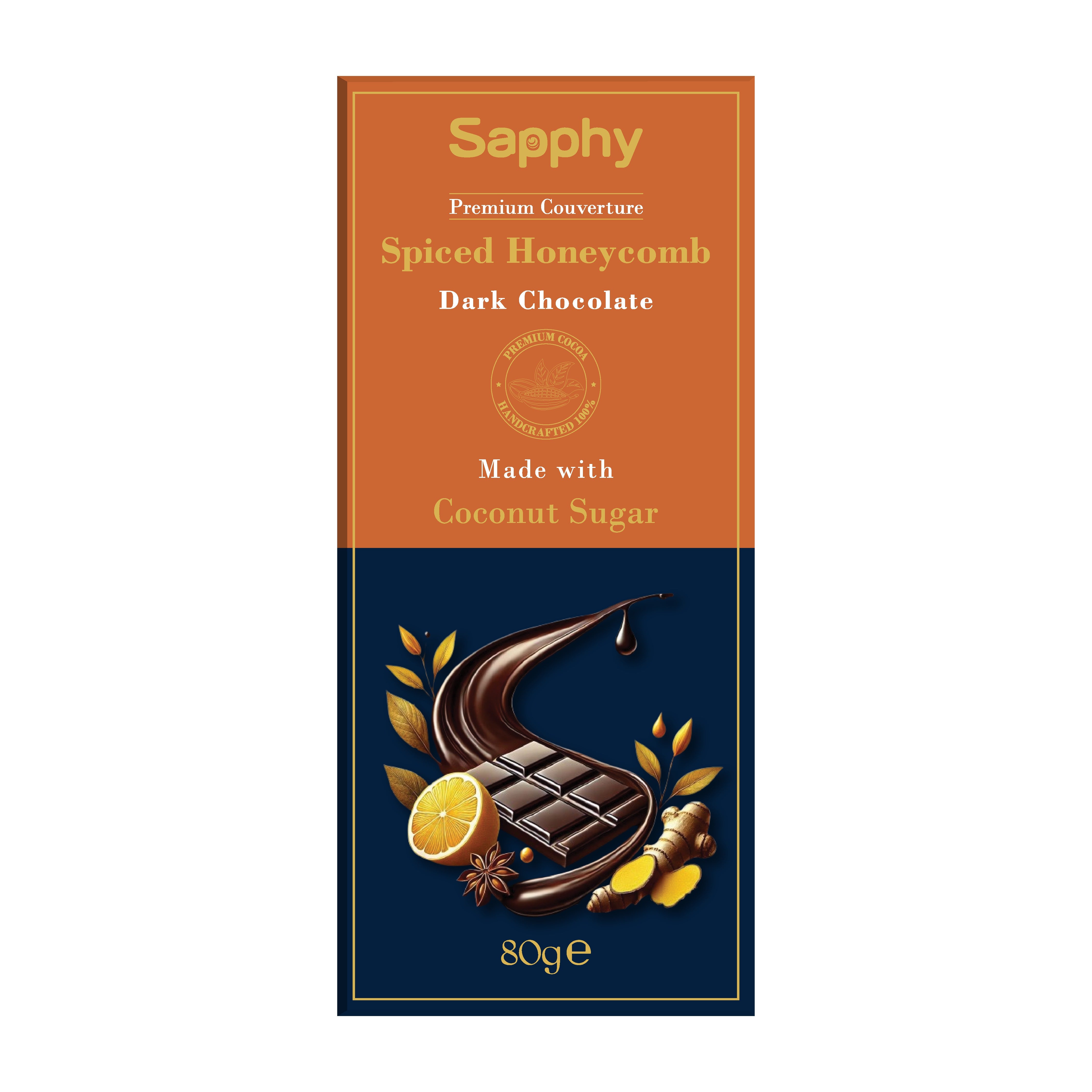 Sapphy Premium Spiced Honeycomb Dark Chocolate – 80g | Made with Coconut Sugar, Turmeric & Ginger