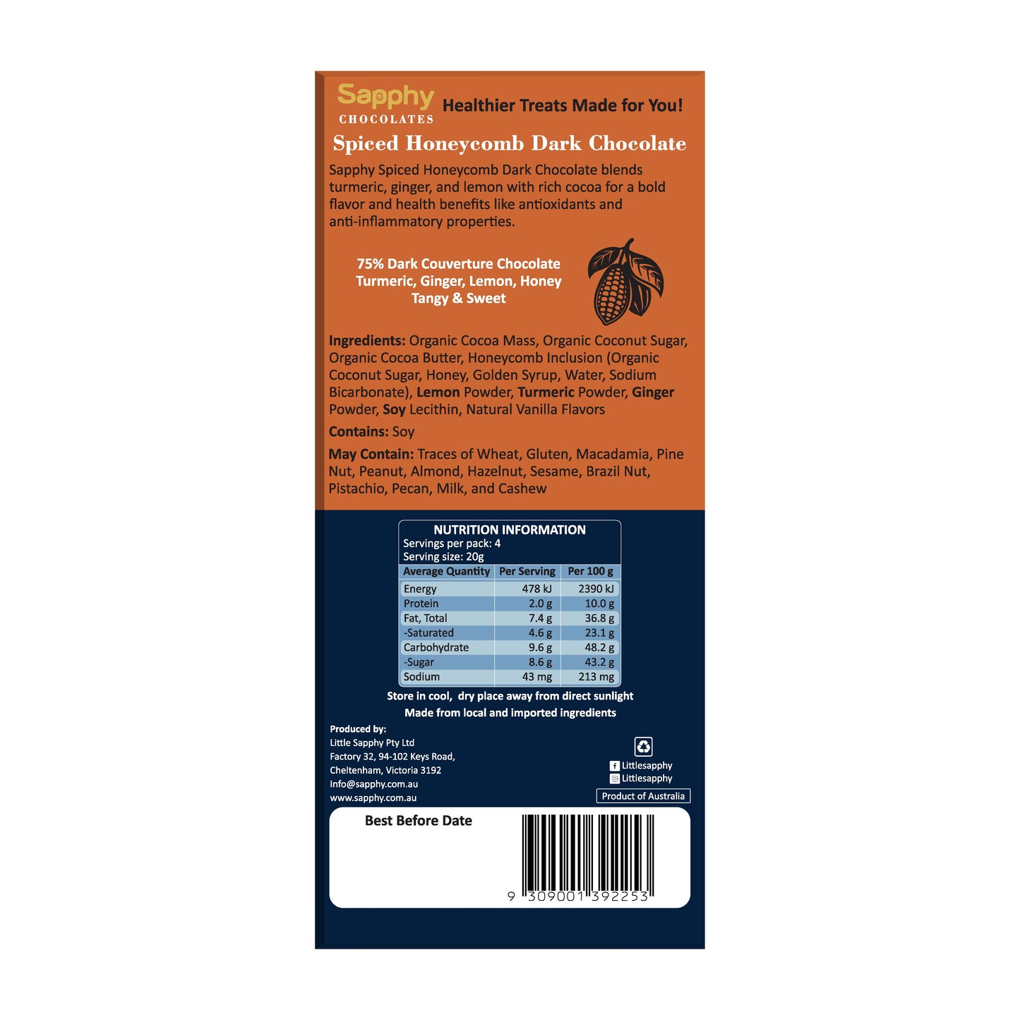 Sapphy Premium Spiced Honeycomb Dark Chocolate – 80g | Made with Coconut Sugar, Turmeric & Ginger