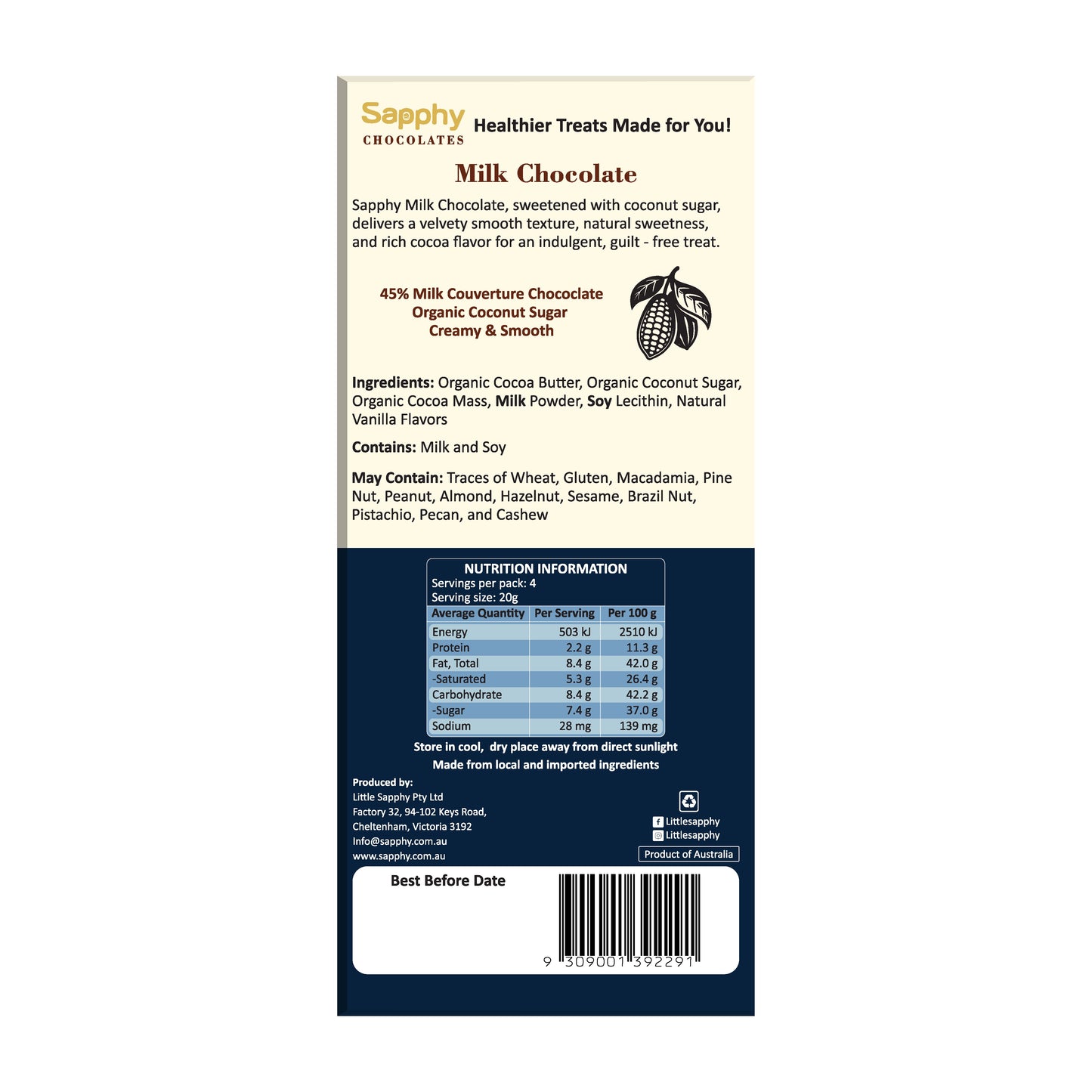 Sapphy Premium Milk Chocolate – 80g | Made with Coconut Sugar