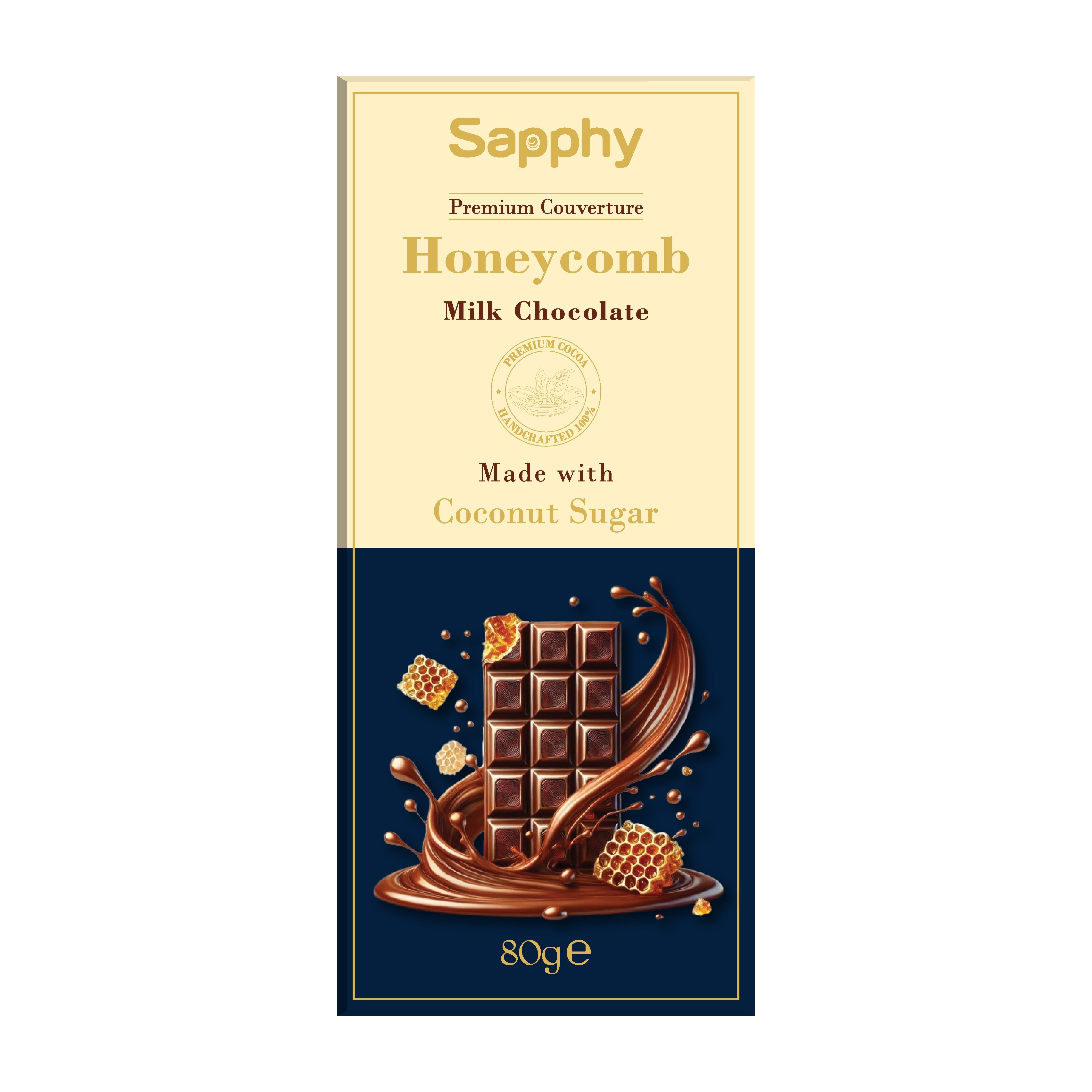 Sapphy Premium Honeycomb Milk Chocolate – 80g | Made with Coconut Sugar & Crunchy Honeycomb