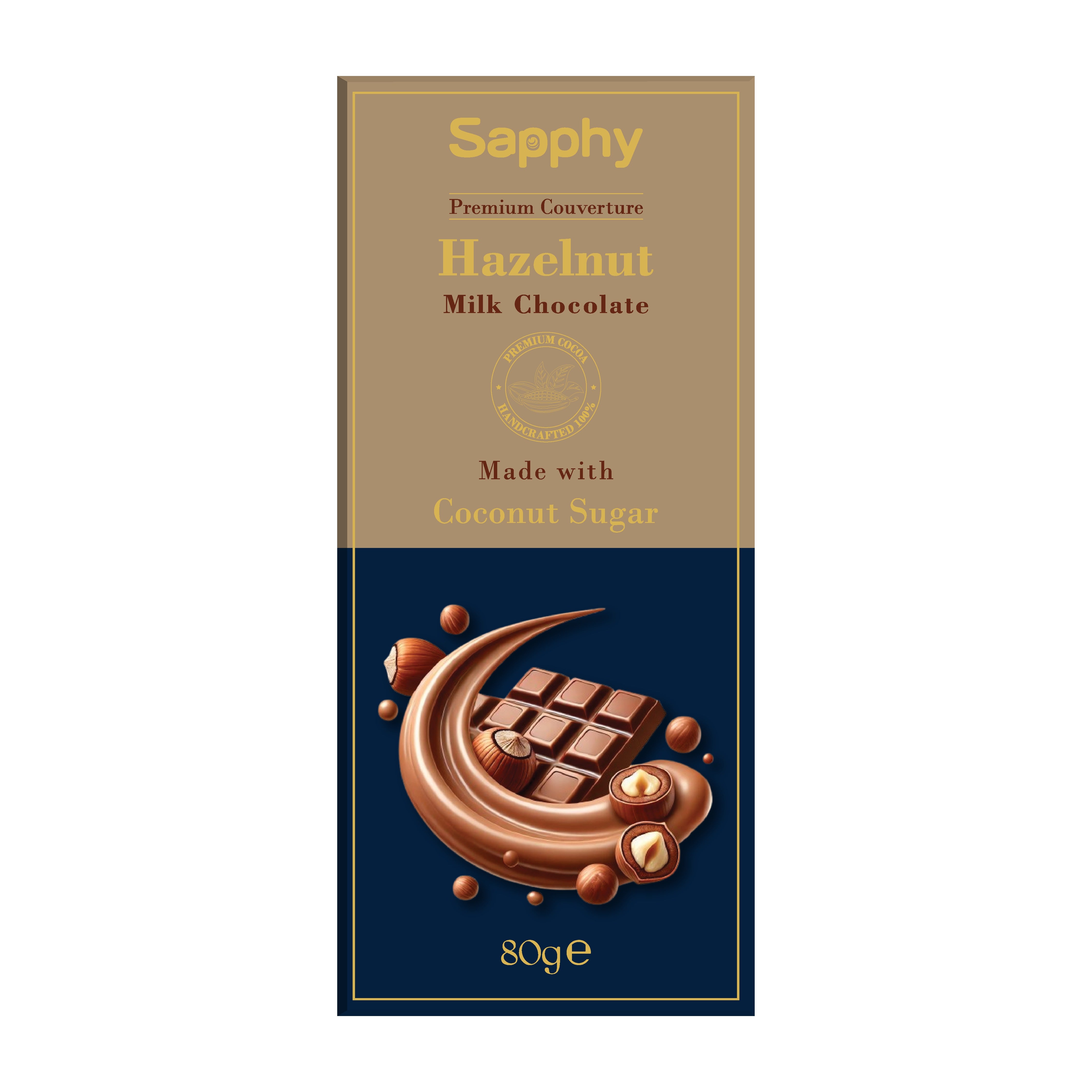 Sapphy Premium Hazelnut Milk Chocolate – 80g | Made with Coconut Sugar & Roasted Hazelnuts