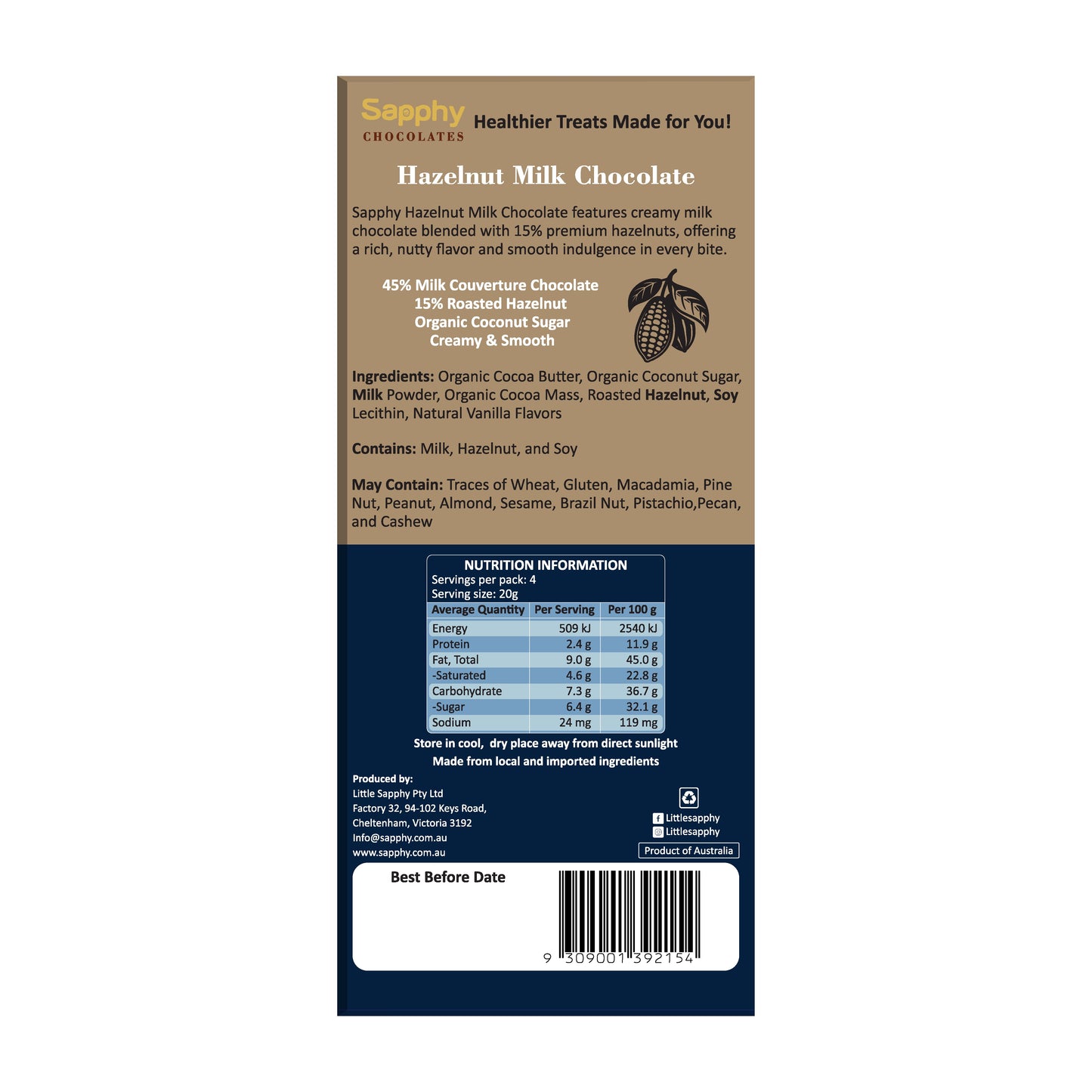 Sapphy Premium Hazelnut Milk Chocolate – 80g | Made with Coconut Sugar & Roasted Hazelnuts