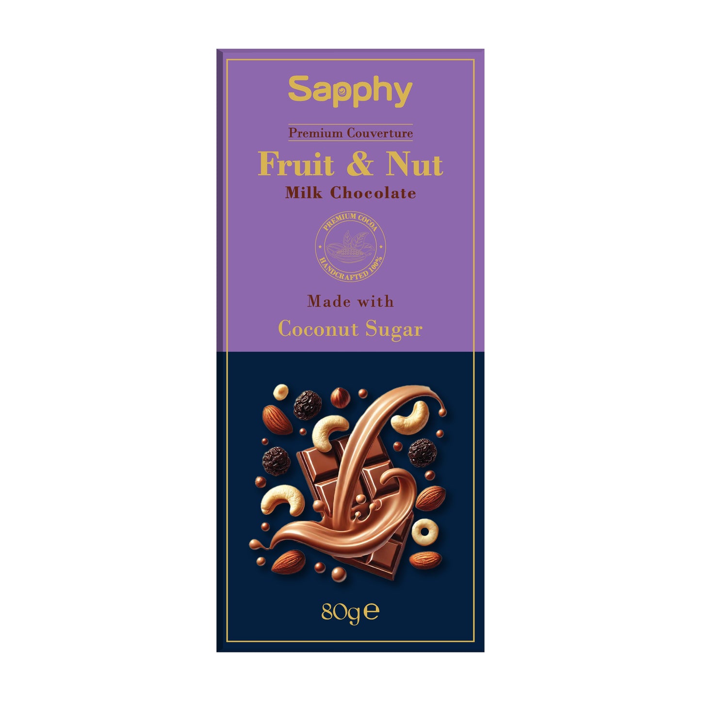 Sapphy Premium Fruit & Nut Milk Chocolate – 80g | Made with Coconut Sugar & Roasted Nuts