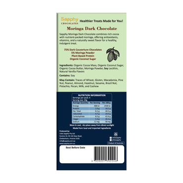 Sapphy Premium Moringa Dark Chocolate – 80g | Made with Coconut Sugar & Antioxidant-Rich Moringa