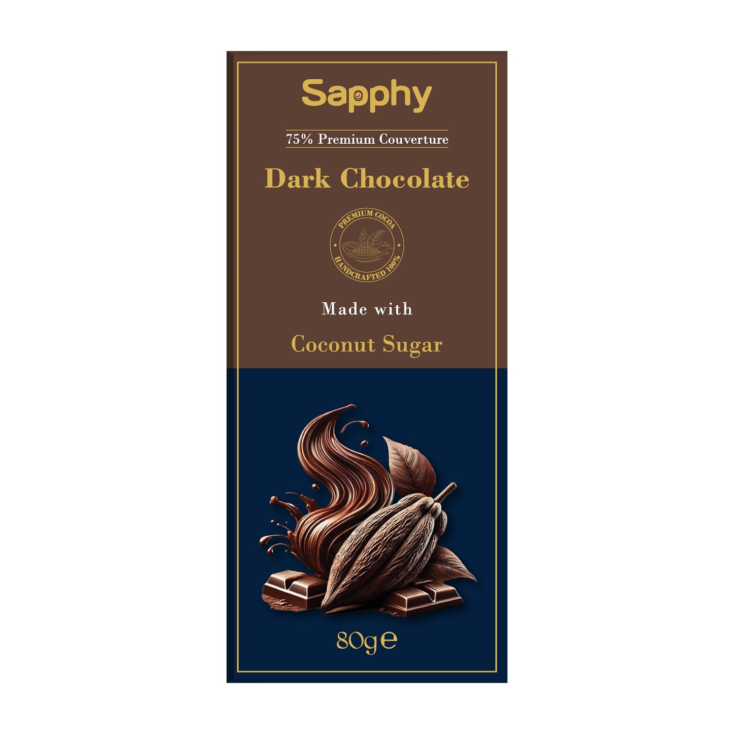 Sapphy Premium 75% Dark Chocolate – 80g | Made with Coconut Sugar