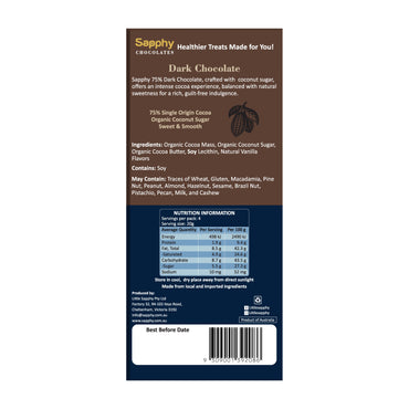 Sapphy Premium 75% Dark Chocolate – 80g | Made with Coconut Sugar