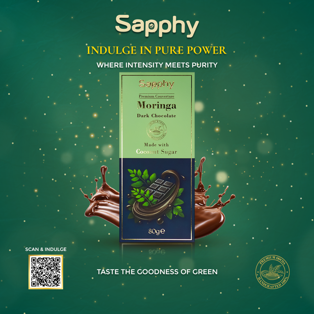 Sapphy Premium Moringa Dark Chocolate – 80g | Made with Coconut Sugar & Antioxidant-Rich Moringa