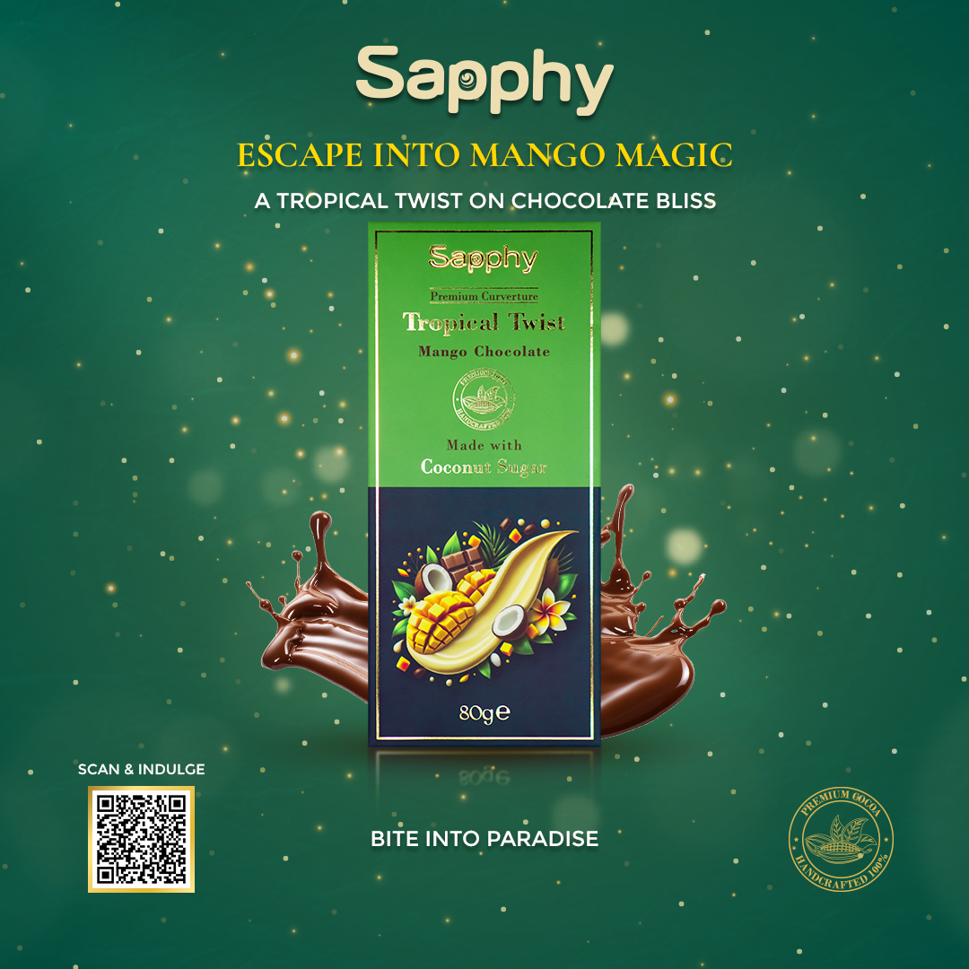 Sapphy Premium Tropical Twist Mango Chocolate – 80g | Made with Coconut Sugar & Caramelized Coconut